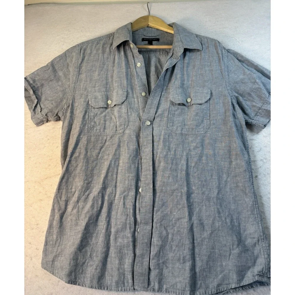 Banana Republic Mens L Blue Linen Blend  Button Down Short Sleeve Shirt Cool